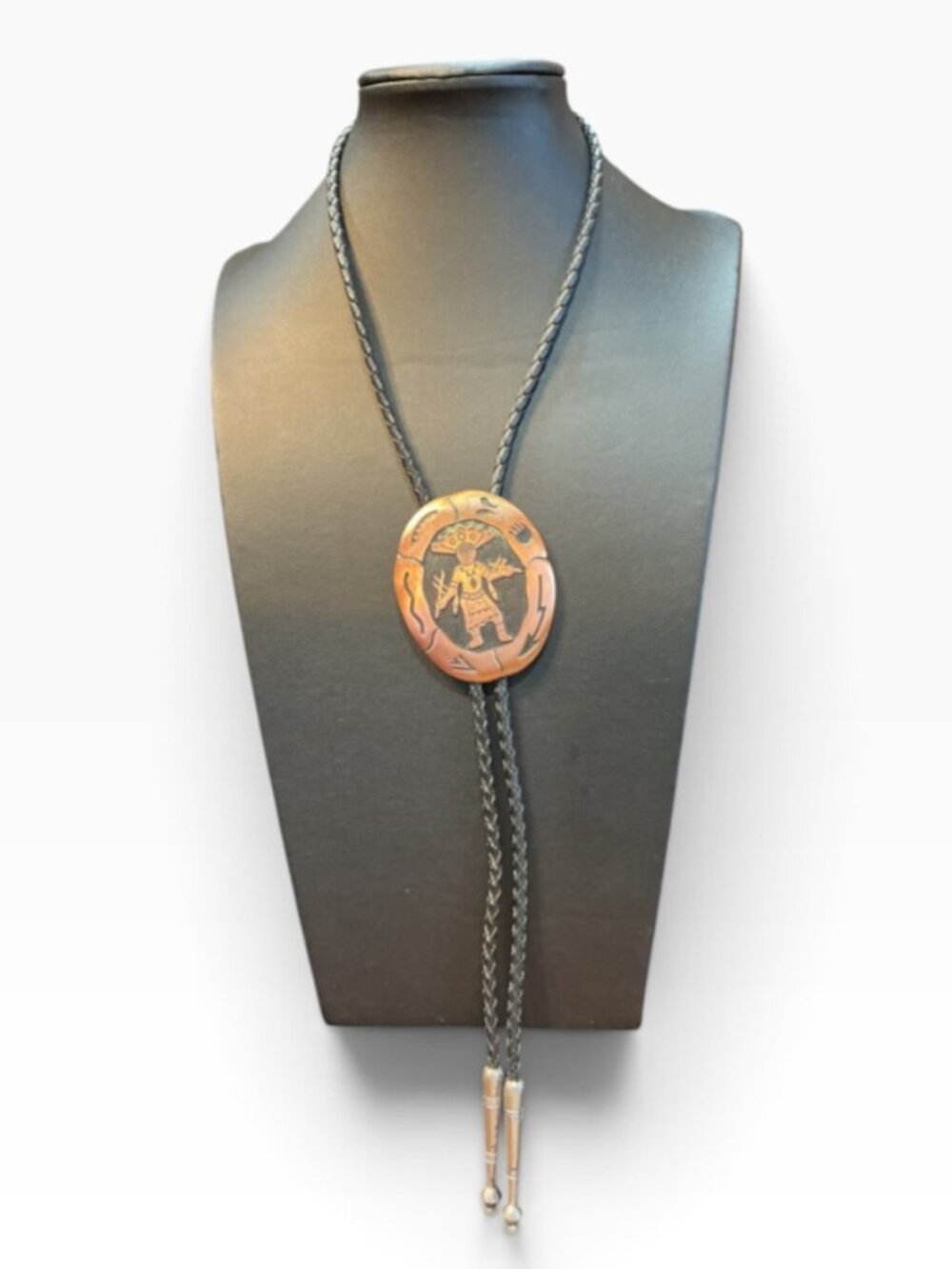 Vintage Copper Bell Bolo Tie Kachina Dancer Southwestern Leather 17”